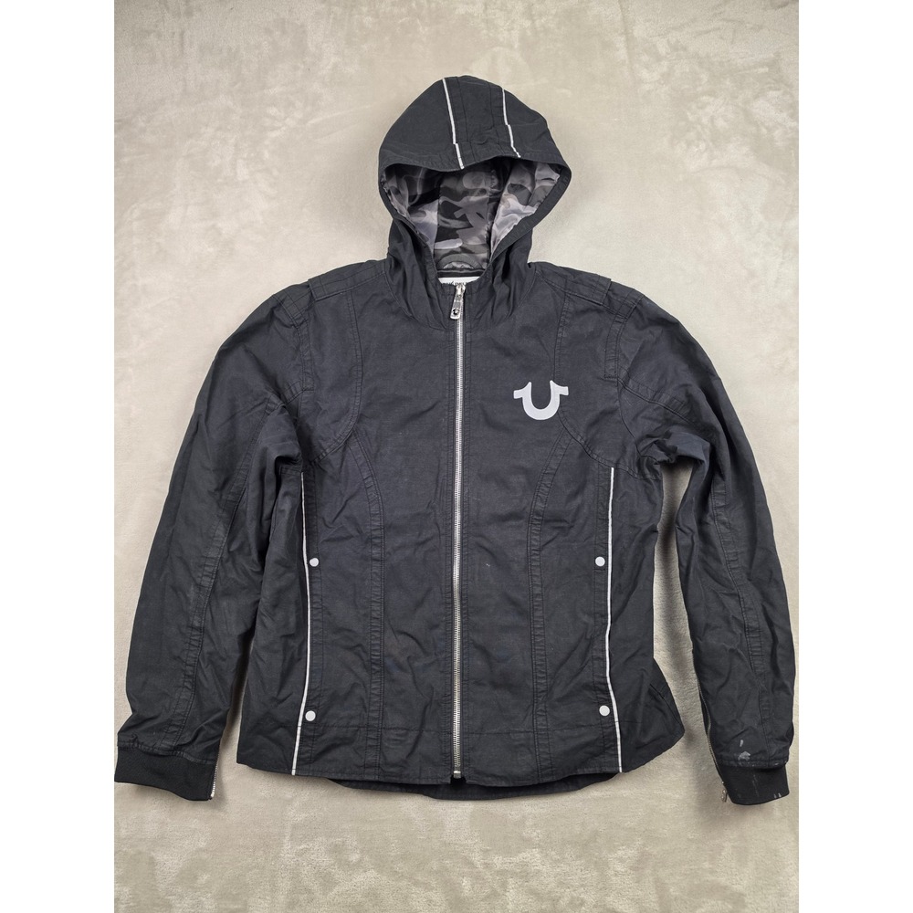 True Religion Moto Jacket Mens Large Black Camo Lined Zip Hood Biker Reflective